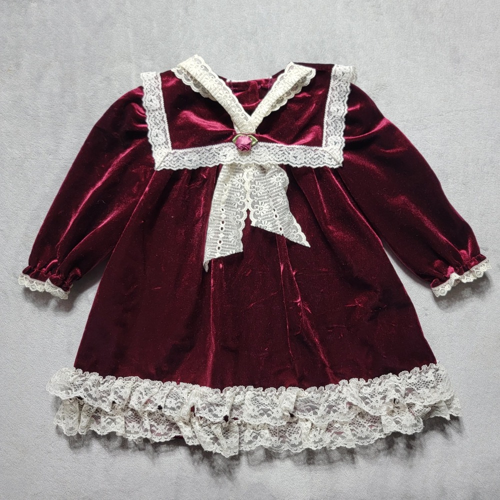 Little Precious Vintage Burgundy Velvet Lace Dress Girls 24M Holiday Christmas